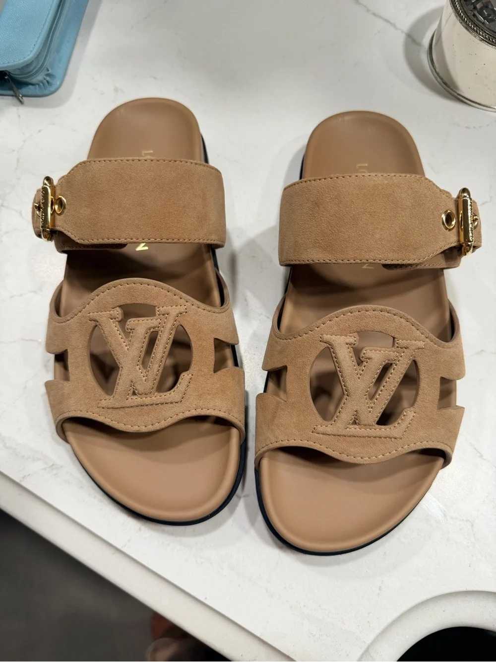 Louis Vuitton 2026 Comfort Sandal - Beige Womens Slide with Gold Accent, 36.5